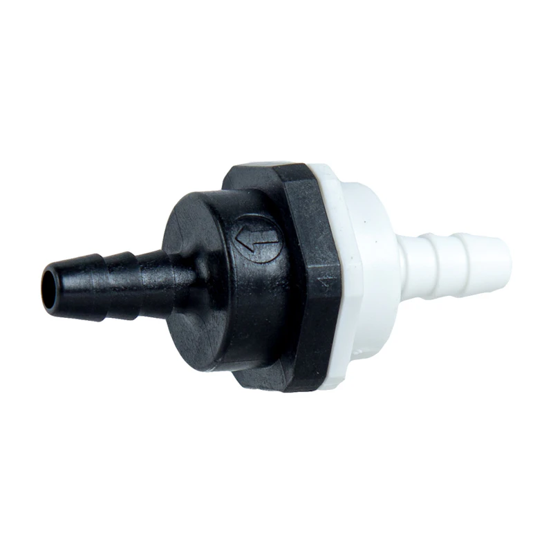 1/4" Hose Barb x 1/4" Hose Barb Series 406 Polypropylene Check Valve with 0.25 psi Spring & Buna-N Seal