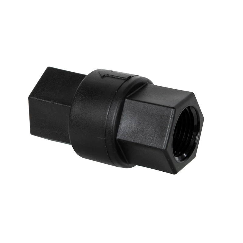1/2" FNPT x 1/2" FNPT Series 685 Black Polypropylene Check Valve with EPDM Seals, 1/3 psi Cracking Pressure & 302 SS Spring