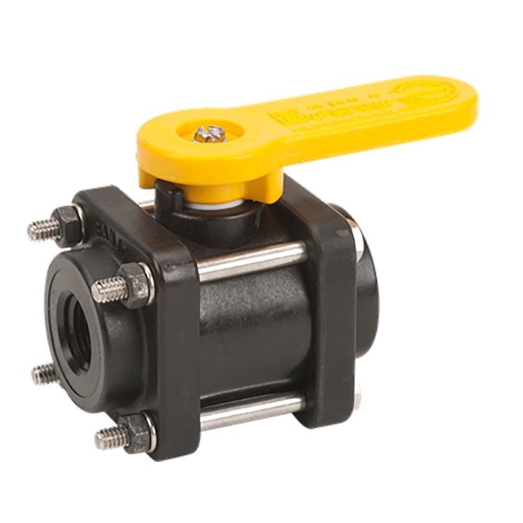 1/2" FNPT Banjo® Black Fiberglass-Reinforced Polypropylene Bolted Full Port Valve with 3/4" Flow Size - Square Endplates with 4 Bolts