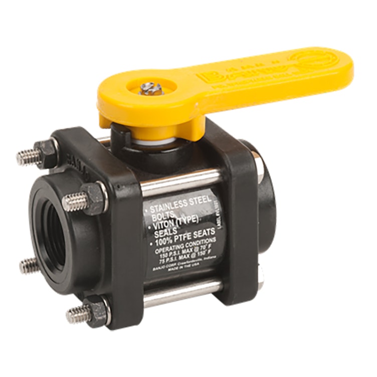 3/4" FNPT Banjo® Black Fiberglass-Reinforced Polypropylene Bolted Full Port Valve with 3/4" Flow Size - Square Endplates with 4 Bolts