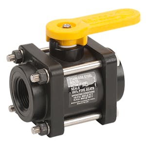 1" Bolted Full Port Banjo® Black Fiberglass-Reinforced Polypropylene Valve with 1" Flow Size - Square Endplates with 4 Bolts