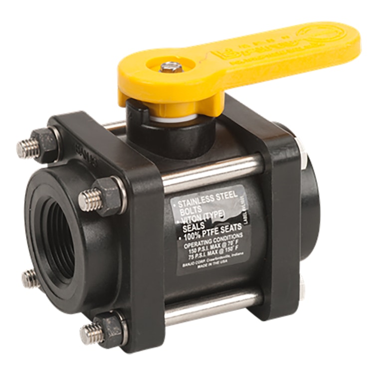 1" Bolted Full Port Banjo® Black Fiberglass-Reinforced Polypropylene Valve with 1" Flow Size - Square Endplates with 4 Bolts