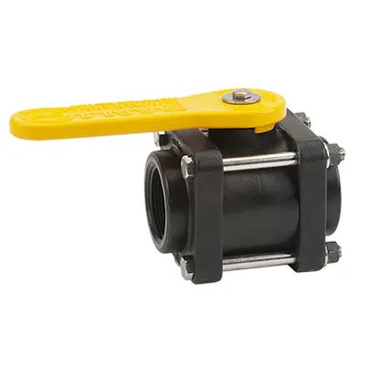 1-1/2" FNPT Banjo® Black Fiberglass-Reinforced Polypropylene Bolted Ball Valve with 1-1/2" Flow Size (Full Port) - Square Endplates with 4 Bolts