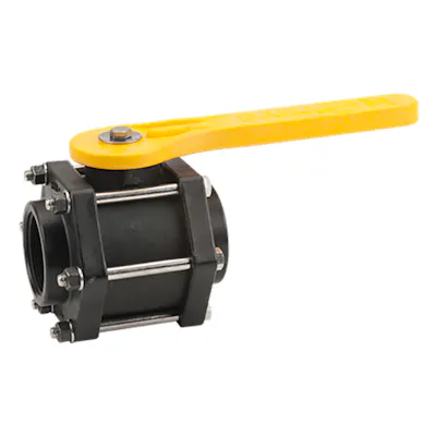 2" FNPT Banjo® Black Fiberglass-Reinforced Polypropylene Bolted Ball Valve with 2" Flow Size (Full Port) - Hexagonal Endplates with 6 Bolts