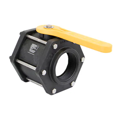 3" FNPT Banjo® Black Fiberglass-Reinforced Polypropylene Bolted Ball Valve with 3" Flow Size (Full Port) - Hexagonal Endplates with 6 Bolts