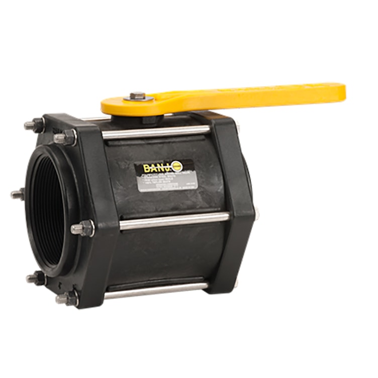 4" FNPT Banjo® Black Fiberglass-Reinforced Polypropylene Bolted Standard Port Valve with 3-1/2" Flow Size - Hexagonal Endplates with 6 Bolts