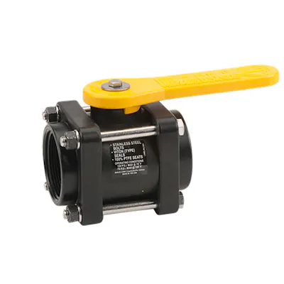 2" FNPT Banjo® Black Fiberglass-Reinforced Polypropylene Bolted Ball Valve with 1-1/2" Flow Size (Standard Port) - Square Endplates with 4 Bolts