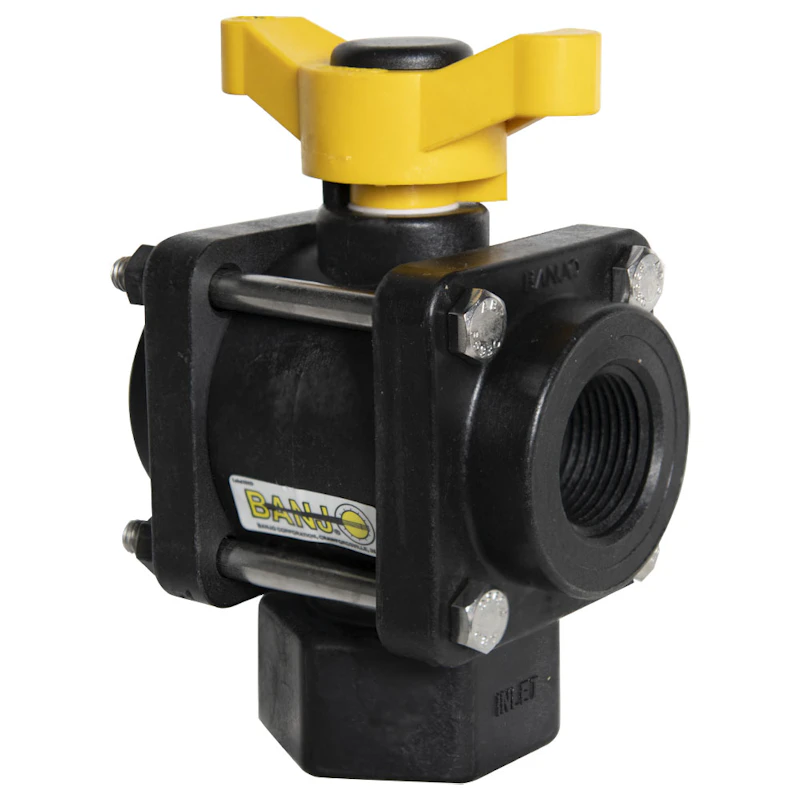 1" FNPT Banjo® Black Fiberglass-Reinforced Polypropylene 3-Way Bottom Load Ball Valve with FKM Seals & 1" Opening Thru Ball & T-Type Handle