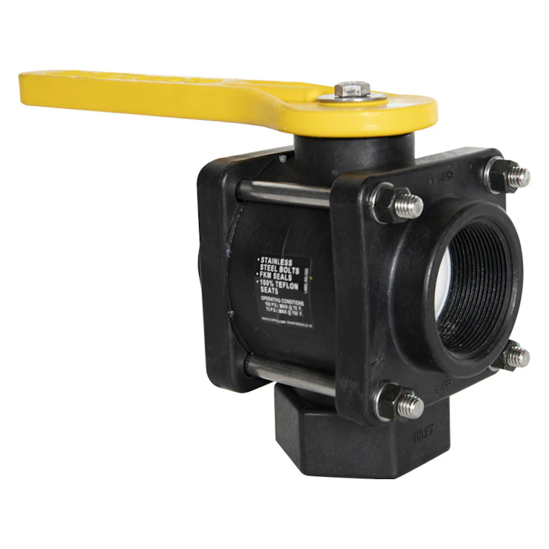 2" FNPT Banjo® Black Fiberglass-Reinforced Polypropylene Full Port 3-Way Bottom Load Ball Valve with FKM Seals & 2" Opening Thru Ball & Straight Handle