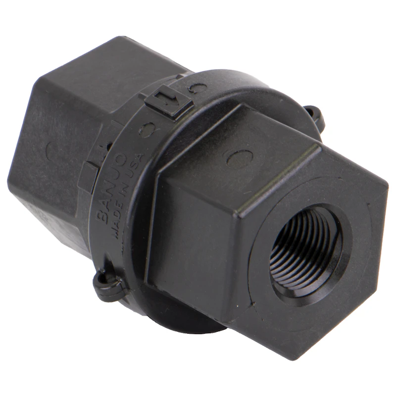 1/2" FNPT Banjo® Black Fiberglass-Reinforced Polypropylene Check Valve with EPDM Seal