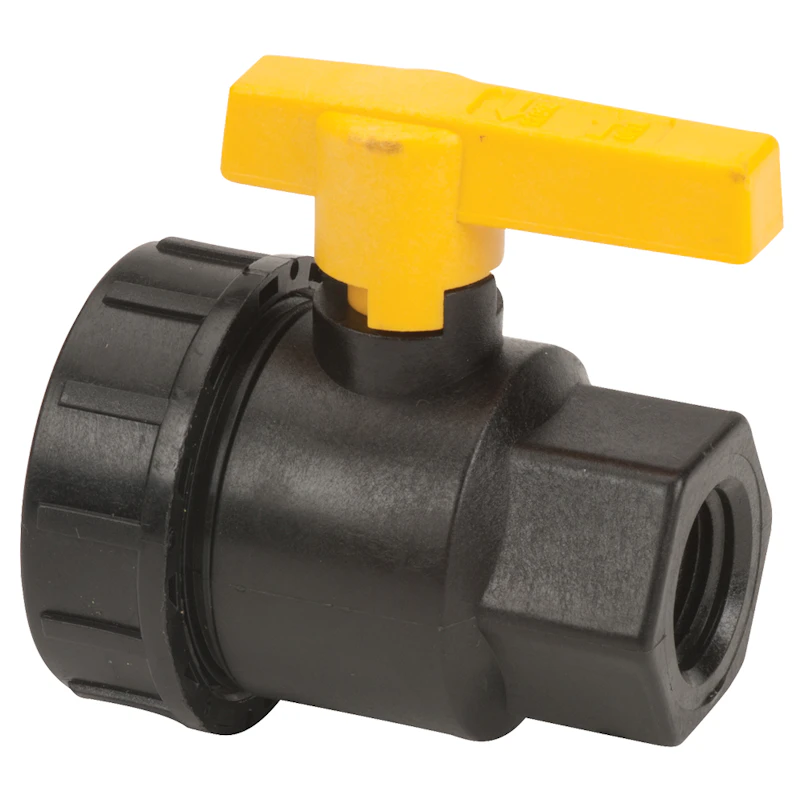 1/2" FNPT Banjo® Black Fiberglass-Reinforced Polypropylene Full Port Single Union Valve with 3/4" Flow Size & EPDM Seals