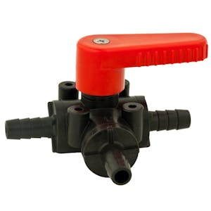 3/8" Hose Barb Series 639 Polypropylene 3-Way Ball Valve with EPDM seals & Red Handle