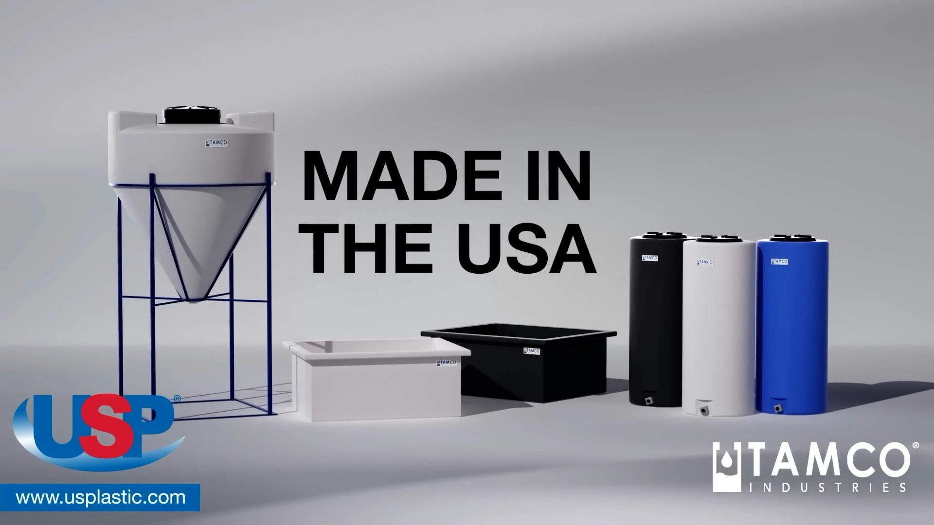 Various plastic tanks from Tamco® with text, 'Made in the USA'