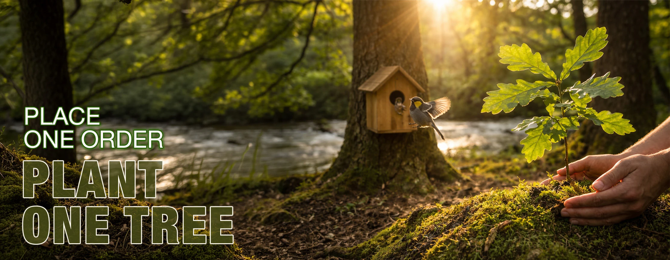 Hands planting a tree in a wooded area by a stream. A bird flies by a birdhouse in the background. Text reads, 'Place one order, plant one tree