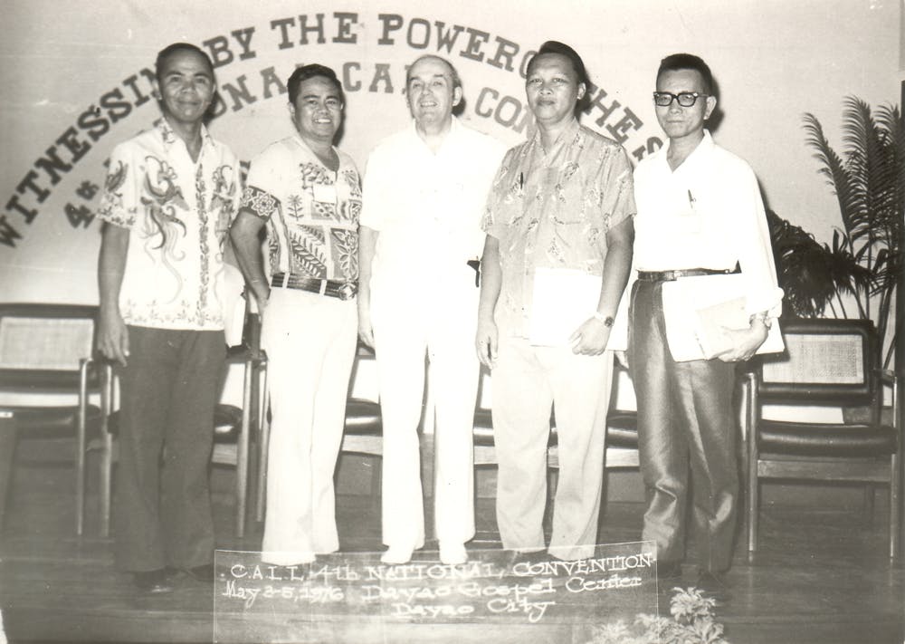 Stanley with four men at a convention at the Davao Gospel Center. May 3-5, 1976.
