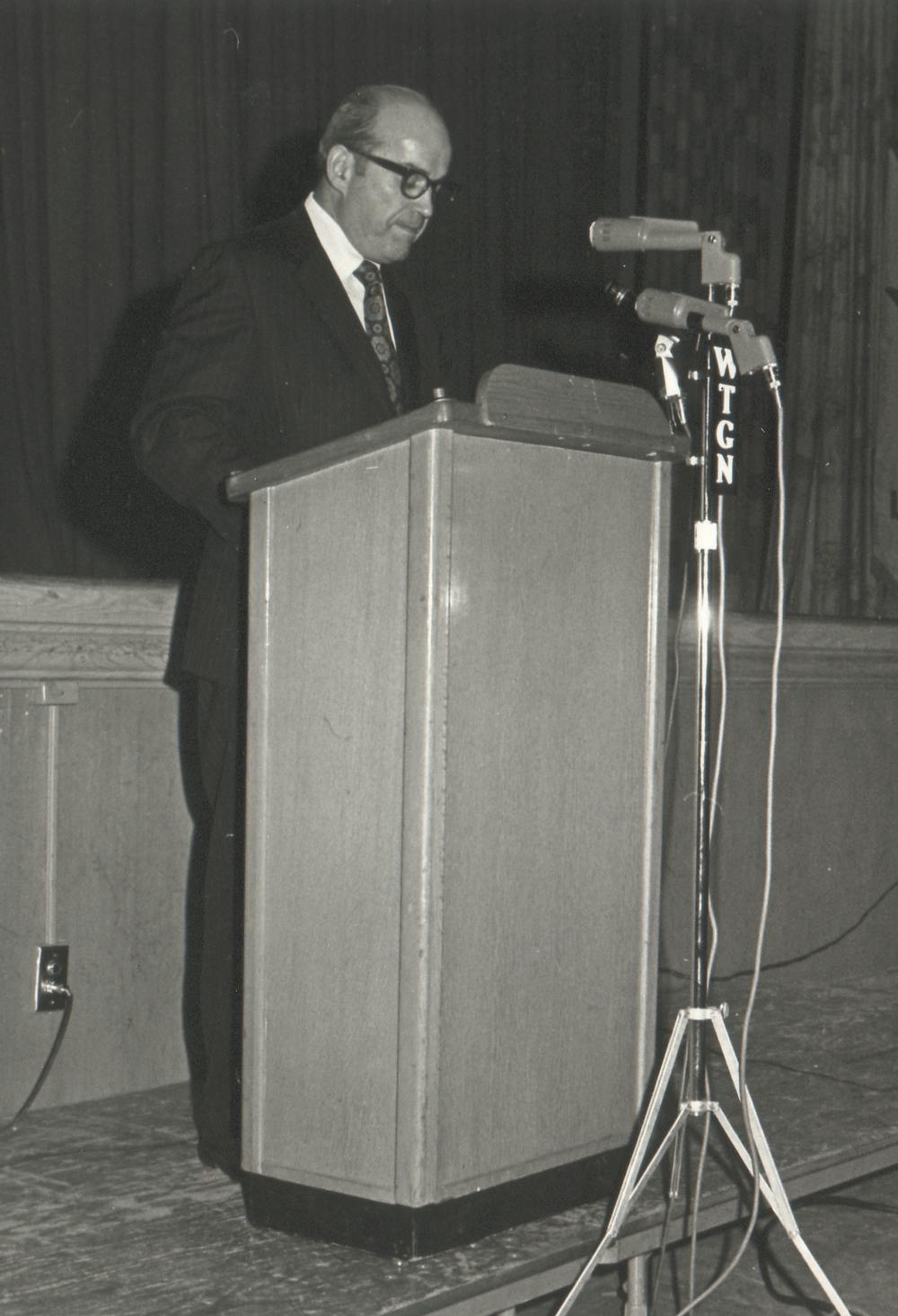 Stanley speaking at the WTGN radio station