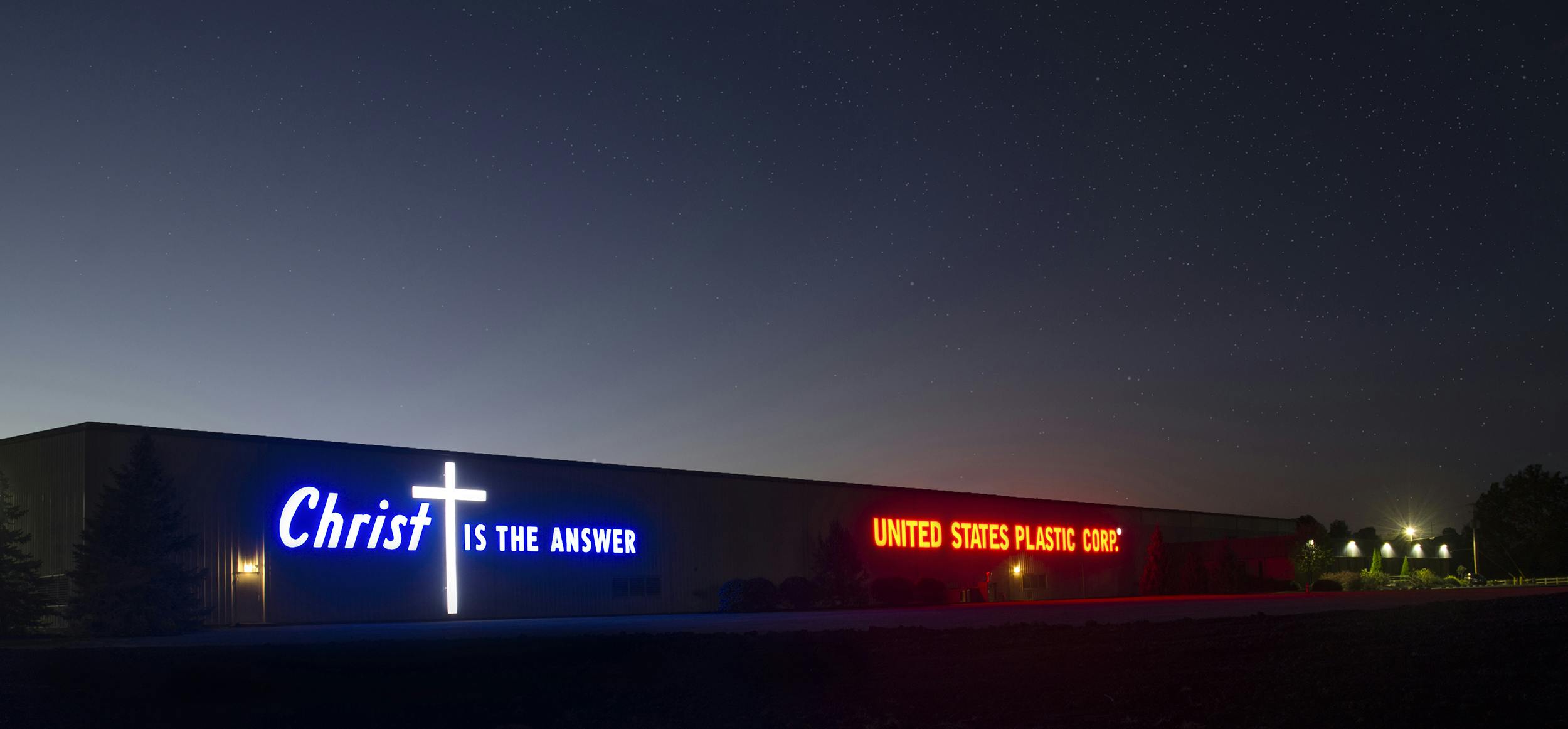 U.S. Plastic building at night